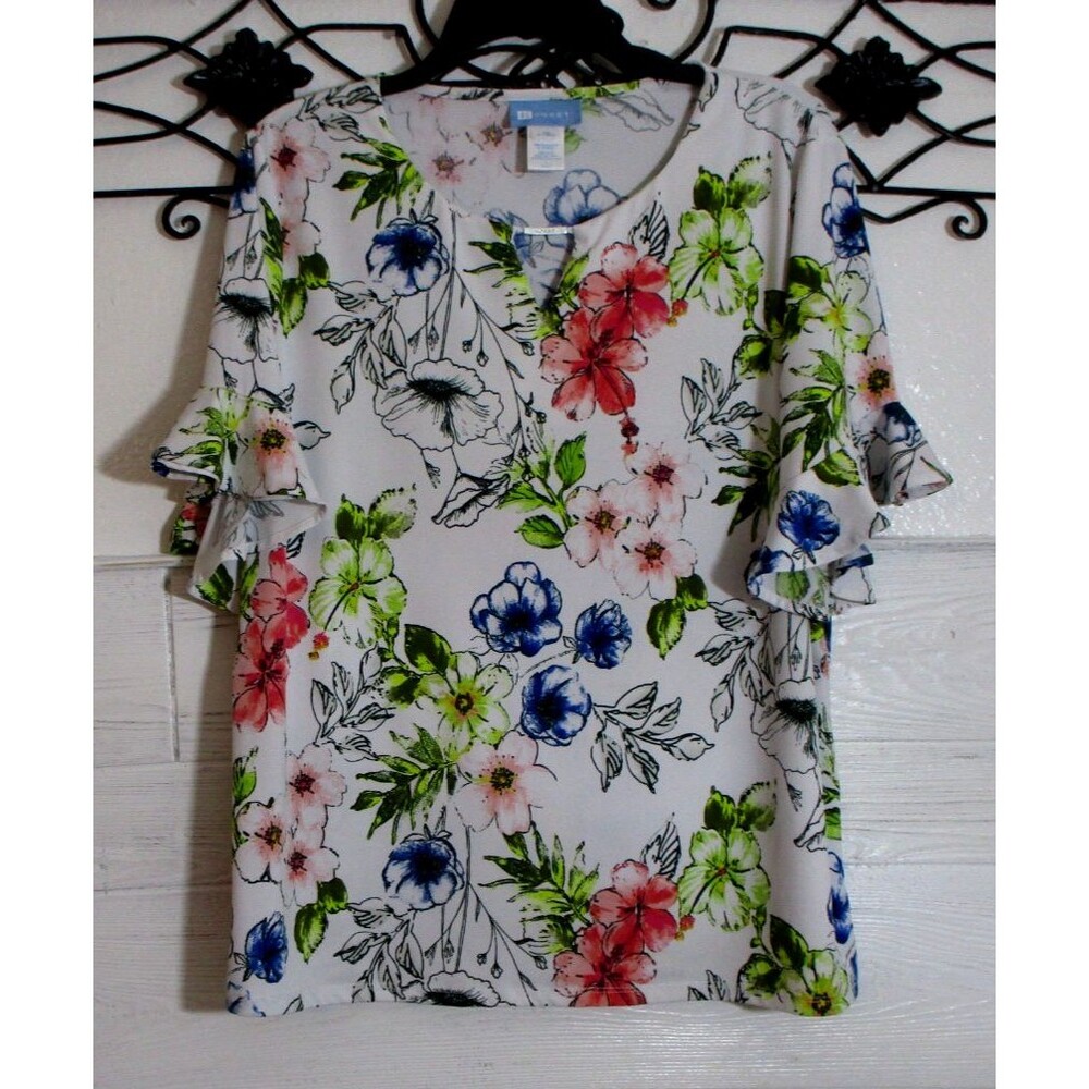 Koret Women's Knit Top Size L Short Sleeve Multicolored Floral Round Neck